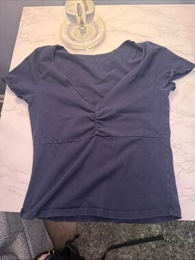 Brandy Melville Navy Ruched V-Neck Short Sleeve Top